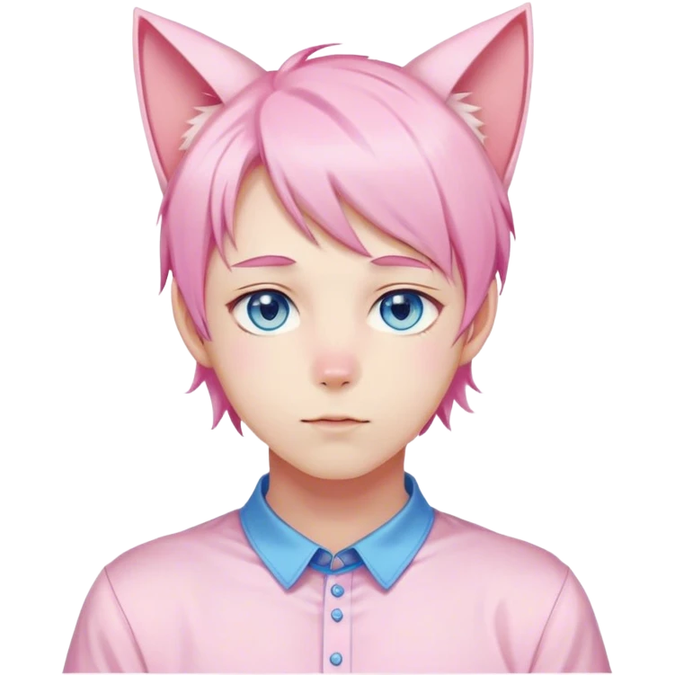 Pastel effeminate young femboy man with pastel pink shiny hair, pink cat ears, pastel yellow blouse, blue eyes, cute, gorgeous, anime, catboy, romantic emoji