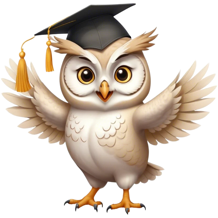 happy white Owl dancing with graduation hat and diploma in claws emoji