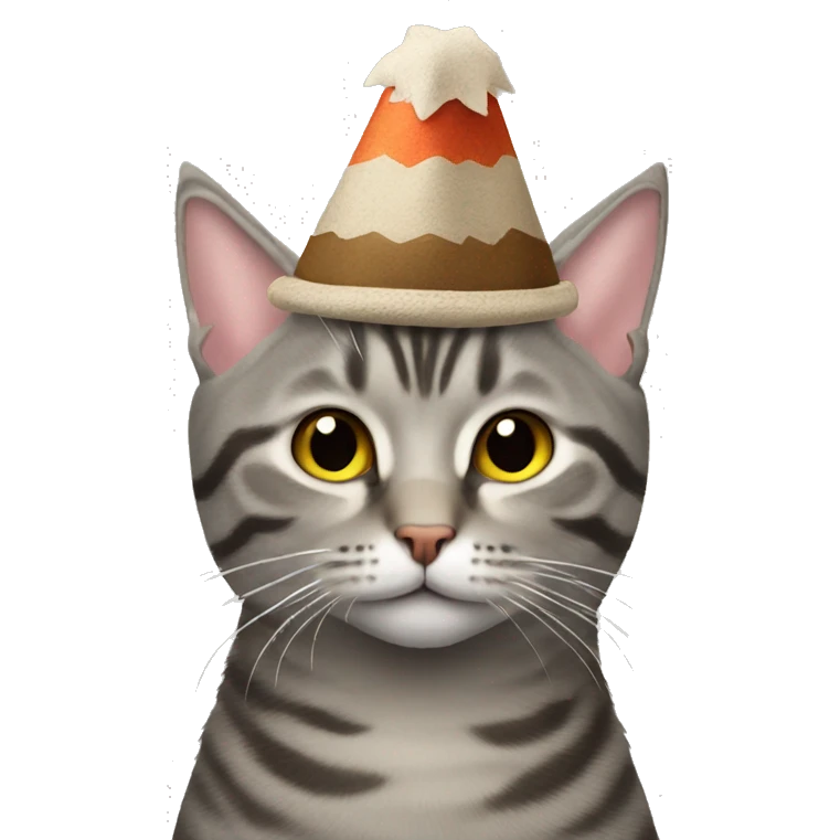 Gray tabby cat wearing a turkey hat emoji