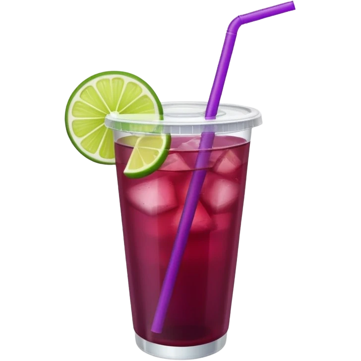 maroon purple cocktail with a lime in a plastic cup with lid and straw  emoji