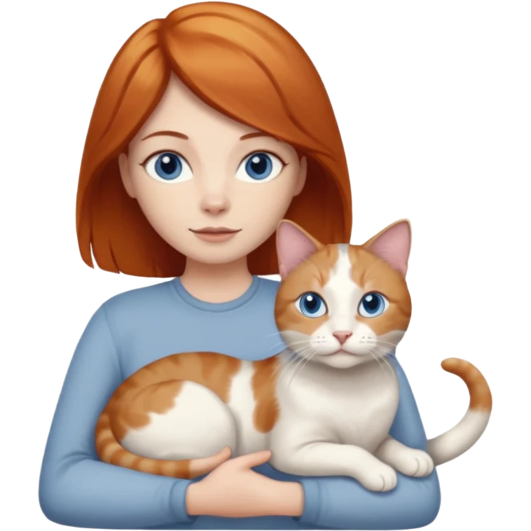 A ginger with blue eyes holding a very large dilute calico (grey, white, beige coloured) cat. emoji