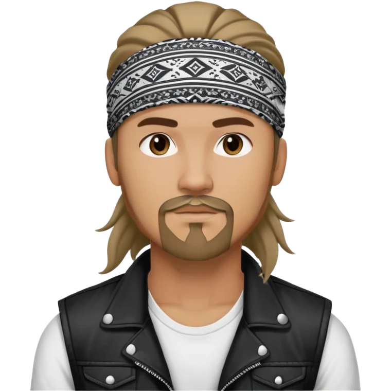 Guy wearing black and white patterned bandana as a headband with goatee and long hair atop his head in ponytail, wearing white tshirt with black biker vest emoji