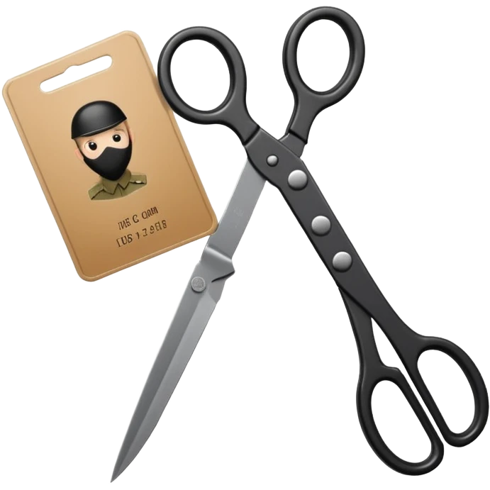 Floating black Scissors cutting in half an idf soldier ID card with a little chip in 2 parts emoji