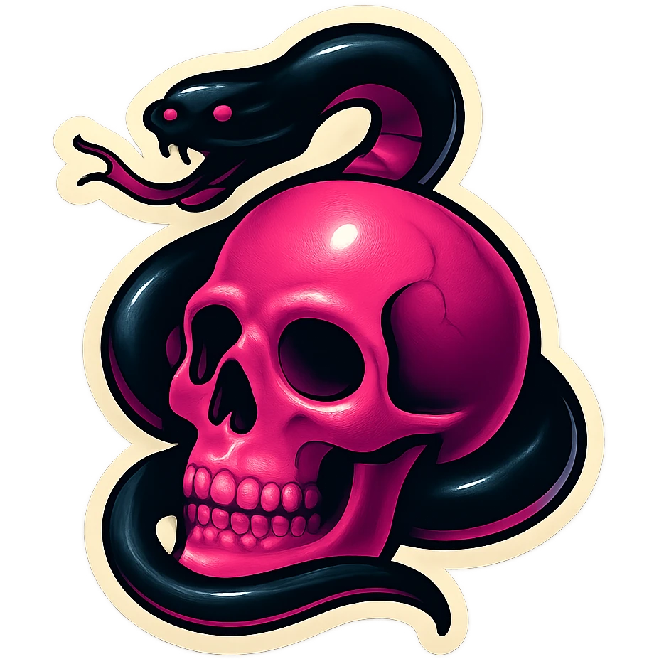 gothic snake black and pink coiled around a pink skull retro stickers style emoji
