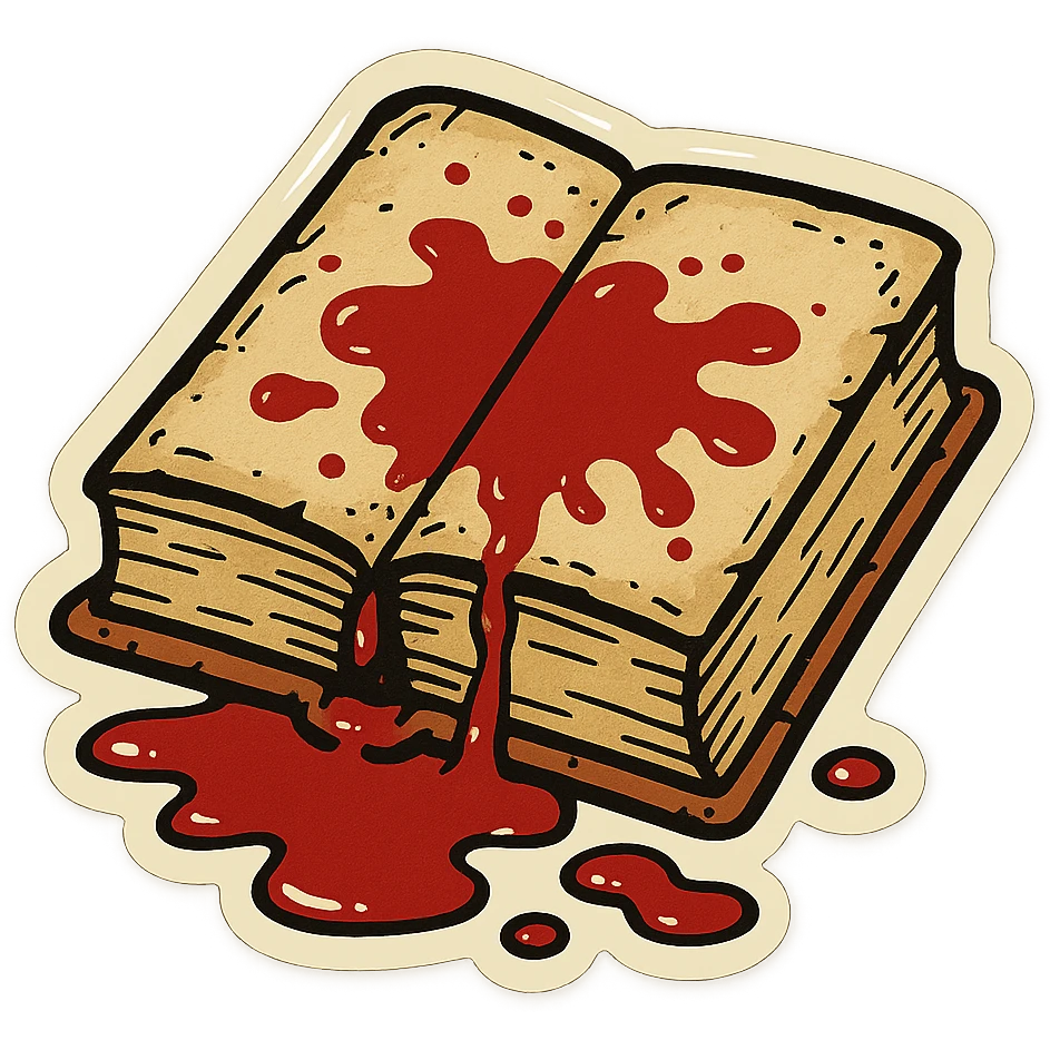 old book soaked in blood, sharp black outlines, no gradients, clear shadows and highlights, retro stickers style emoji