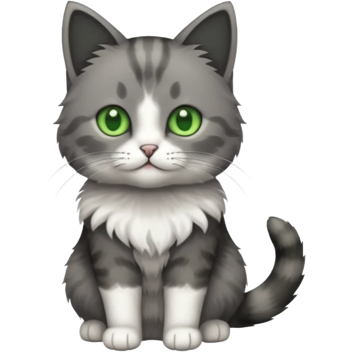 full body small short hair dark grey and white cat with green eyes emoji