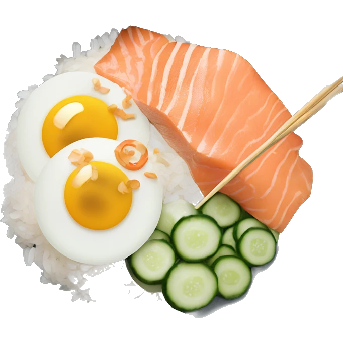 Bowl with rice, smoked salmon, egg, cucumber salad and sriracha and sesame seeds with chopsticks next to it  emoji