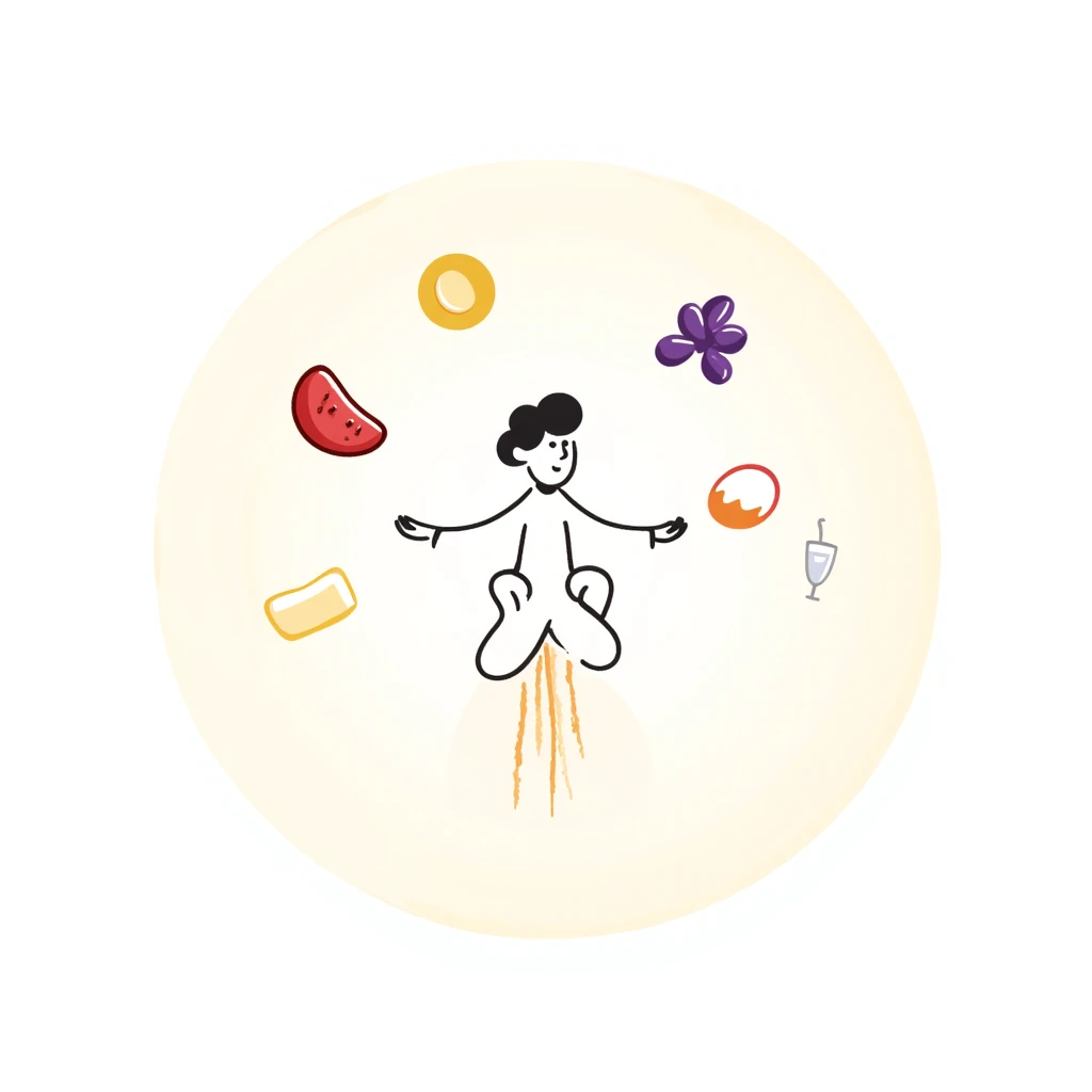 Floating orb of warm light containing mini bright icons: red meat, golden egg, purple beans, translucent tofu block and yogurt glass, slowly rotating around a radiant body figure that radiates strength and balance emoji