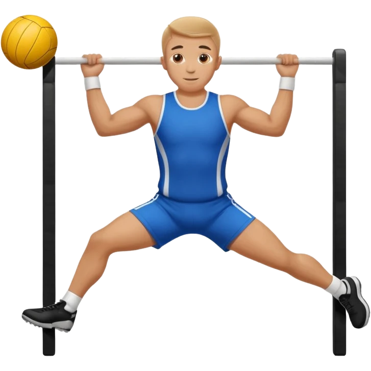 white sportsman in the playground with ball, dressed  in sport suit on sports horizontal bars emoji