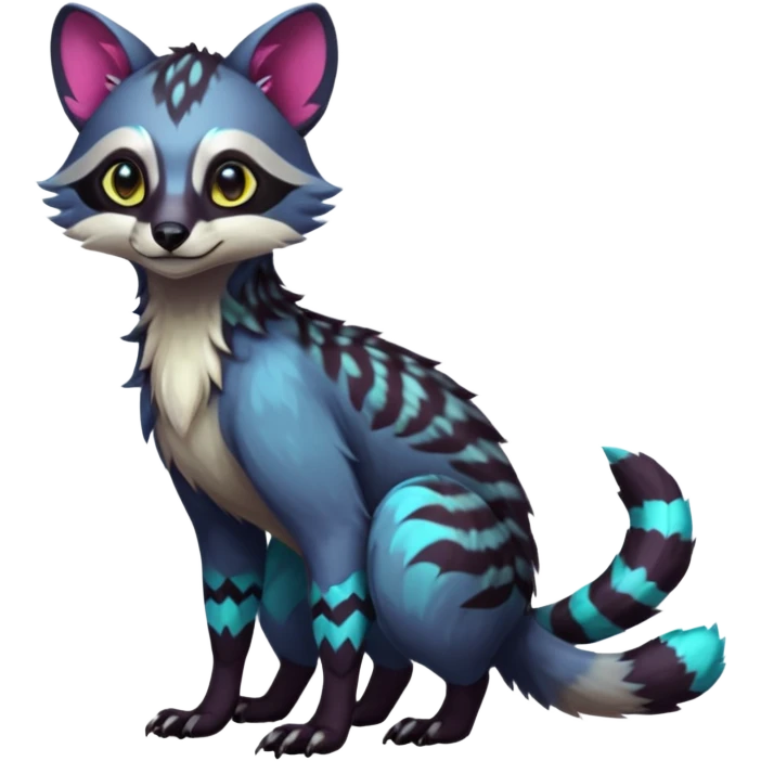 Colorful dark tropical exotic cute cool beautiful shiny beautiful fantasy-civet-genet-sergal-vernid-Gryphon-Cacomistle-Trico-oncilla-animal-Fakémon-hybrid-fursona (full body) emoji