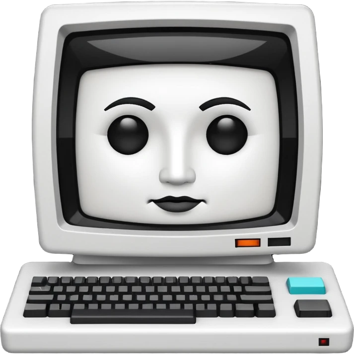 White and black 80s computer with face emoji