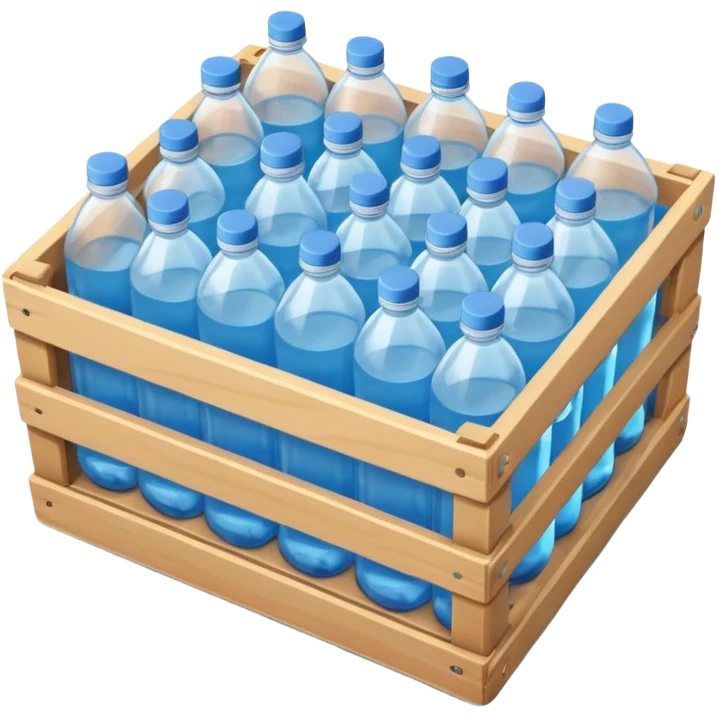 A 3D cartoon crate filled with water bottles, neatly arranged, bright industrial background, smooth reflections, realistic Memoji-style. emoji