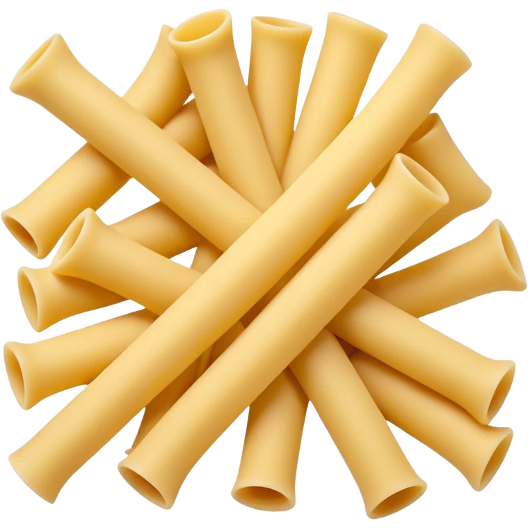 loose scatter of uncooked elbow-shaped pasta tubes in pale golden yellow, smooth matte texture, slightly curved forms, cleanly cut edges, surfaces subtly ribbed or plain, no plate, sauce, or packaging, soft lighting, subtle shadows, emoji scale emoji