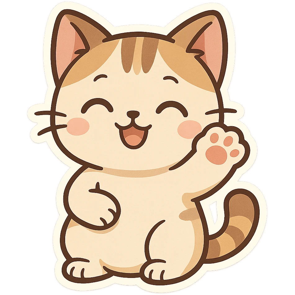 a happy cat waving, chibi sticker style emoji