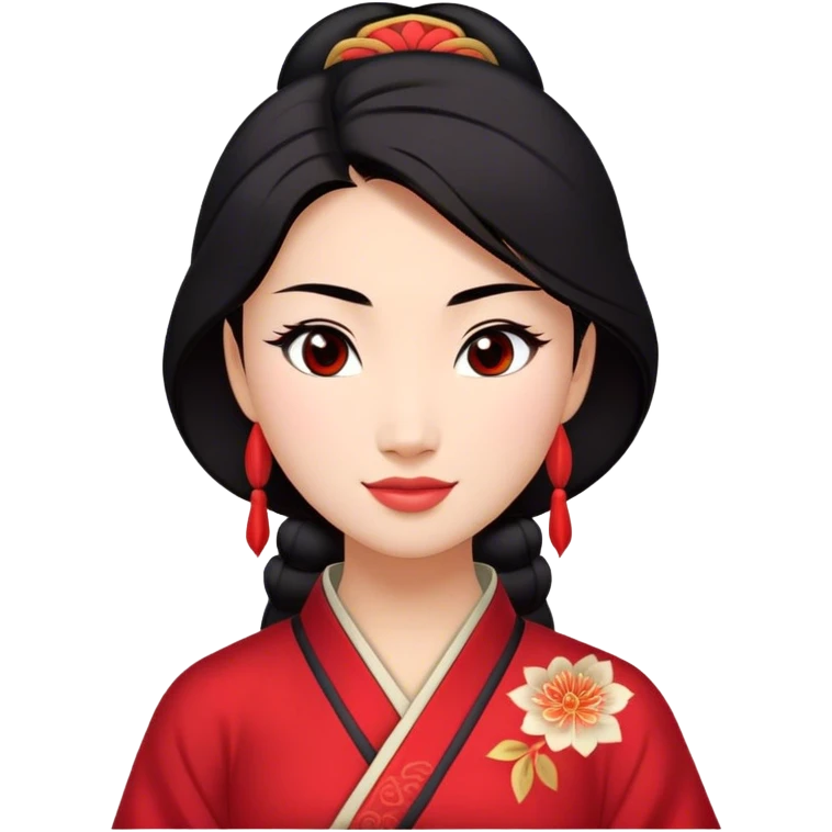 Cinematic Radiant Mulan Portrait Emoji, rendered in a realistic, vector-style with clean proportions. Show Mulan with a soft, confident smile, warm skin, and expressive eyes, her dark hair styled simply, and dressed in traditional clothing with understated red accents. The image radiates a gentle, luminous glow and high shine, accentuated by a soft glowing outline. emoji