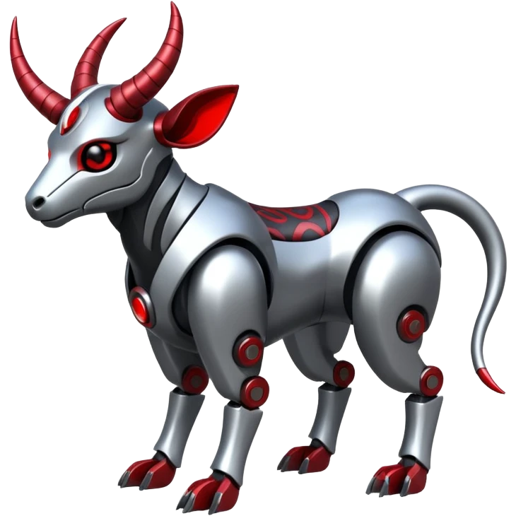 Futuristic mechanical cyborg horned modern badass cool shiny metallic alloy silver-grey black crimson-red white animal hybrid Fakemon full body with intricate patterns emoji