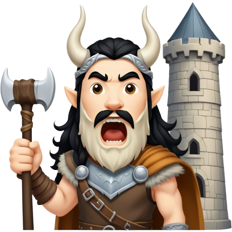 vikingo, con cuerno de vaca, pelo negro ondulado, de pie, grito de guerra en torre de Asgard. emoji