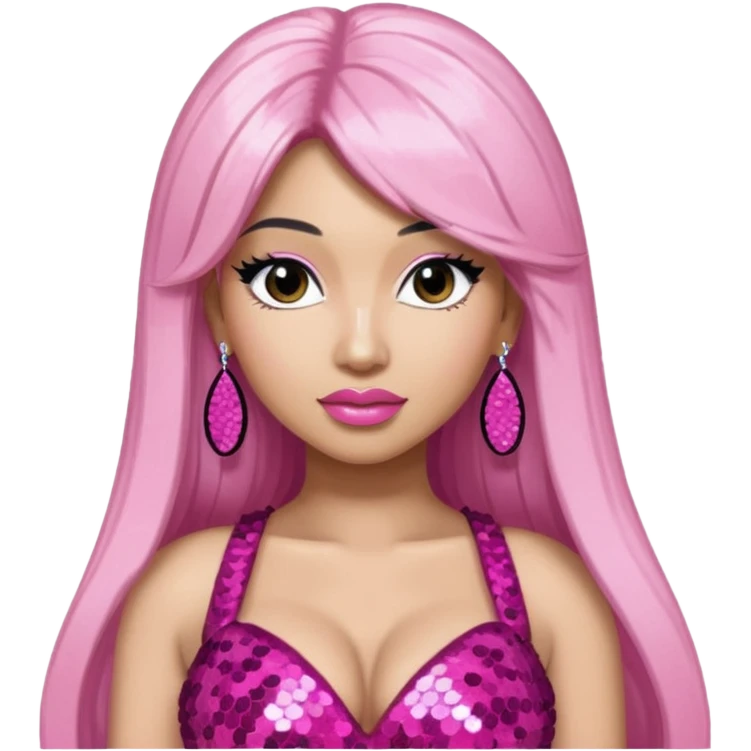 Nicki Minaj with long white black hair, dark pink sequin dress, pink earrings emoji