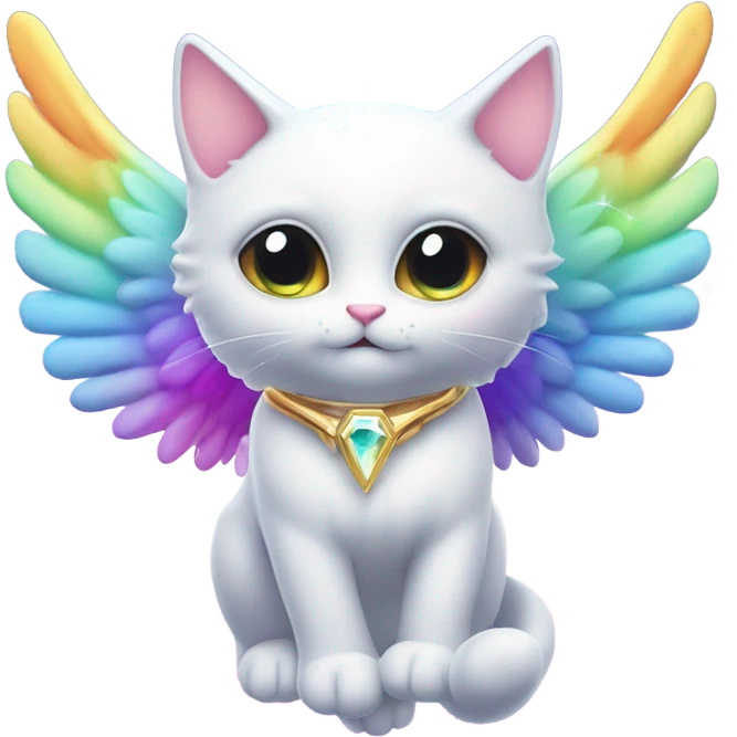 Cute Heavenly Rainbow 4d Diamond ultra Omni-Cat God with wings and a ring around its body and another ring above it’s head  emoji