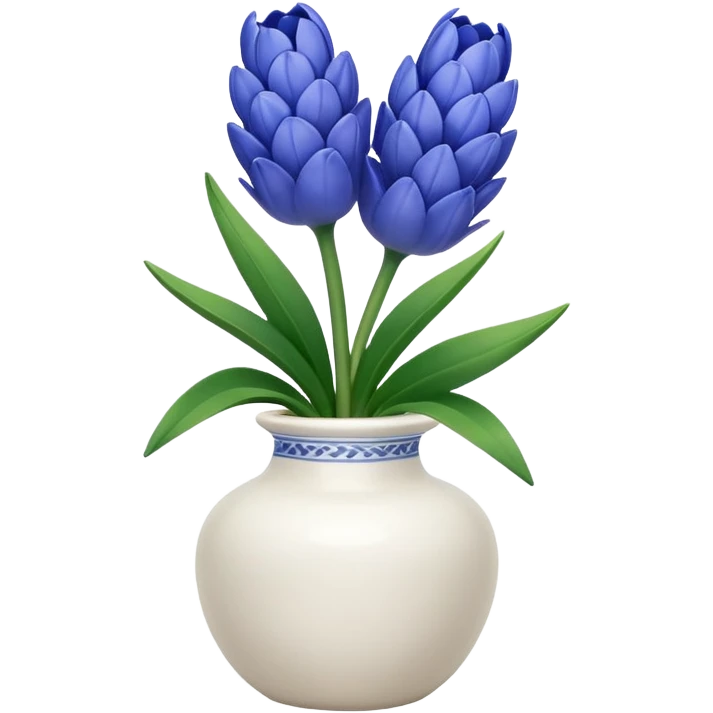 A small white vase holding a single blue hyacinth flower with green leaves. emoji
