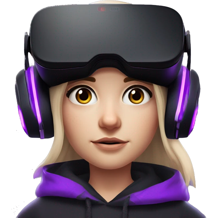 Russian girl wearing black hoody with violet letters "OMG", in vr headset oculus quest2. Standing like jedi. Cyberpunk style. Violet neon. emoji