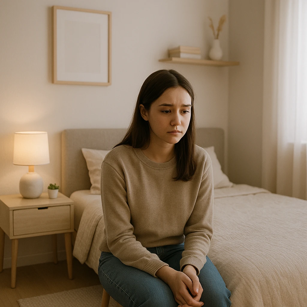 Edit the image to show the girl in the bedroom looking sad. Remove any CityScent product from the scene, especially from the table. Keep the room looking the same as before, maintaining a modern and clean Instagram store style with a cozy minimal bedroom atmosphere. emoji