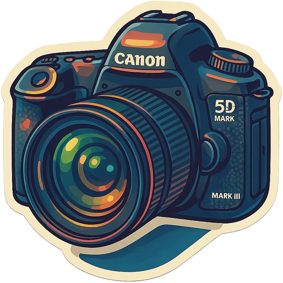 retro sticker style image of a DSLR camera with the lens cap off, inspired by Canon 5D Mark III, emphasize lens glass, bold outlines, juicy colors, expressive highlights and shadows emoji