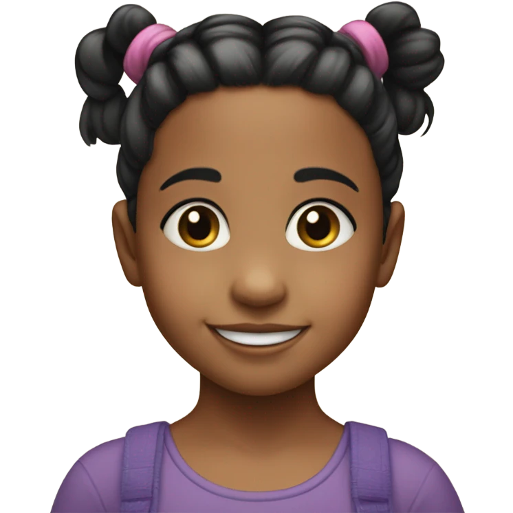 
3 year old girl with 2 pigtails and hair with black ponytails, big black eyes, smiling emoji