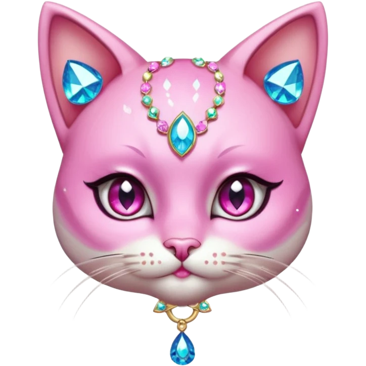 glamorous cat portrait, head and shoulders only, exaggerated pink makeup, bright eyeshadow, long eyelashes, shiny blush cheeks, sparkling face gems, glitter accents, elegant earrings, fantasy beauty style, cute 3D cartoon, mobile game icon style, clean background, no text, no watermark
 emoji
