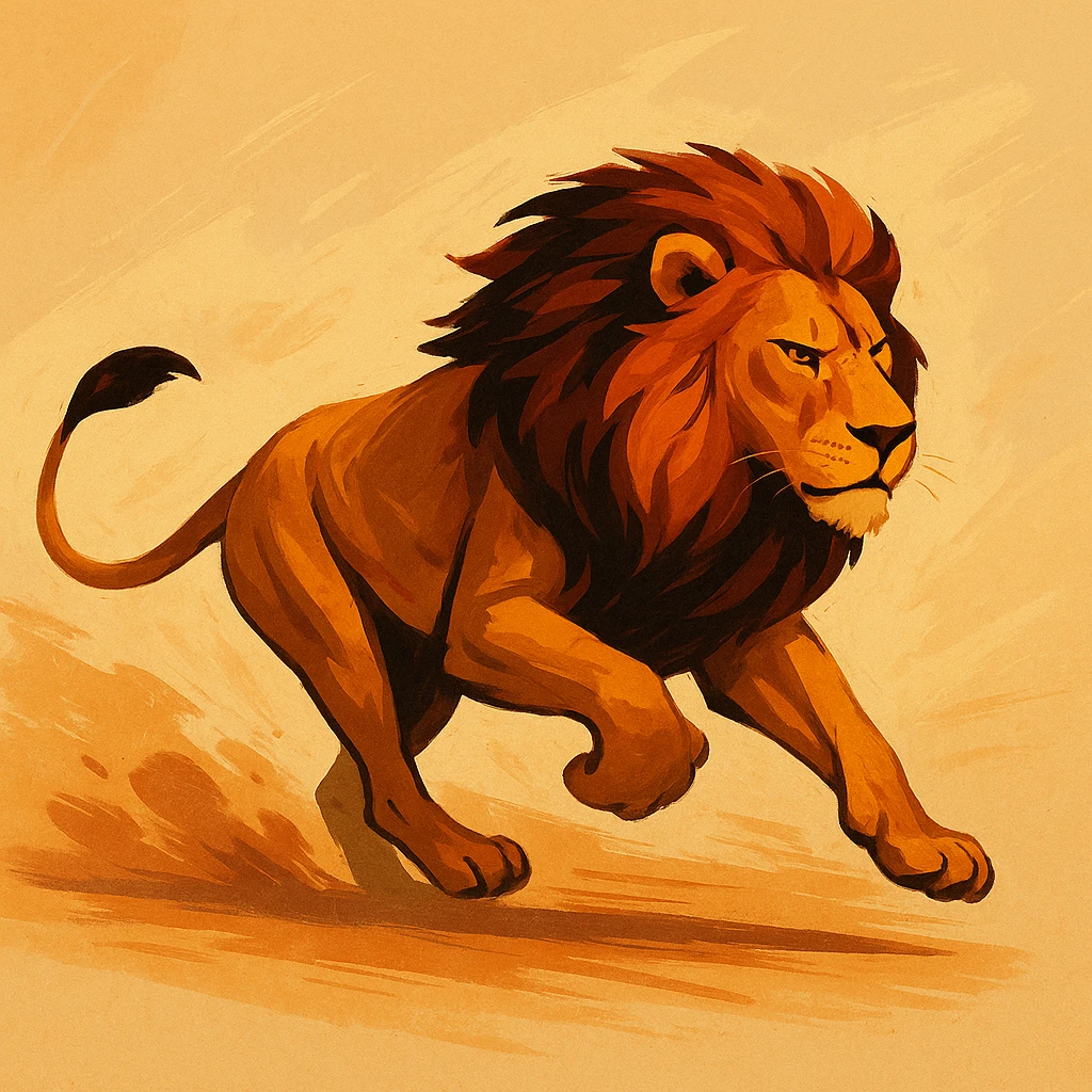 león corriendo, fondo simple, estilo creativo, ilustración original emoji