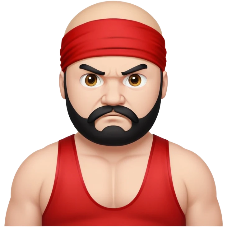 Close-up of extremely fat white skin guy with young face, prominent BLACK DURAG tied clearly on head, distinct black beard and mustache, no muscle, black eyes in a red and black wrestling singlet with angry face emoji