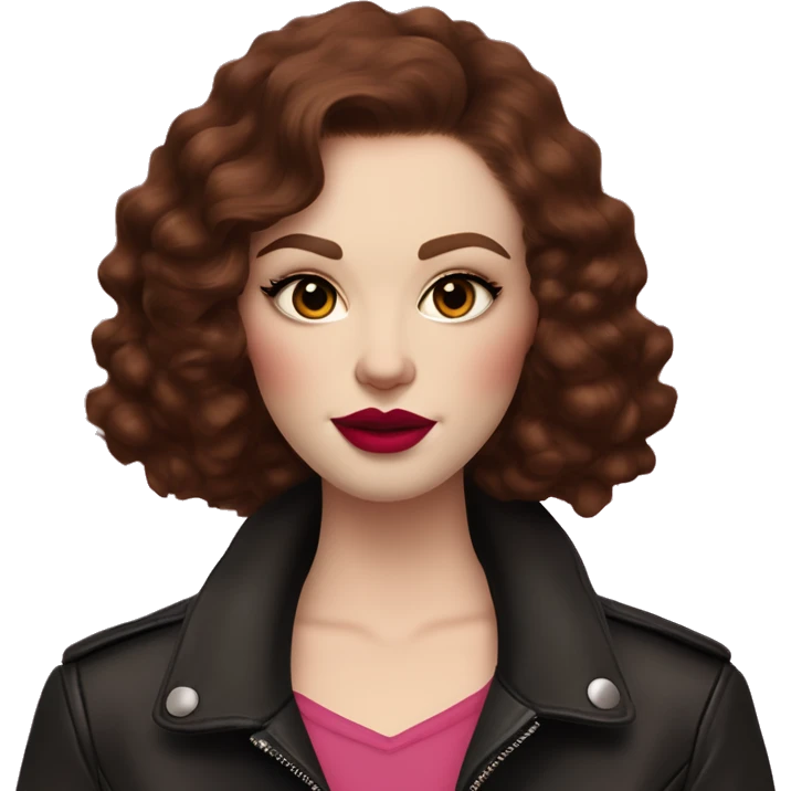 Woman with very pale skin, dark red curly short hair that is parted on the side, heavy cat-eye makeup, long eyelashes, bright pink blush and lipstick.  Her eyebrows are dark, arched and very high.  Hazel eyes. Big lips. Wearing a leather jacket  emoji