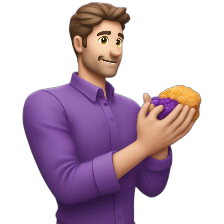 Un homme tout en violet qui tien une grosse pierre dans les mains emoji