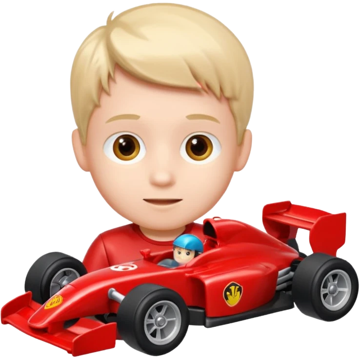 boy playing with formula 1 toy car emoji