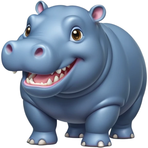 cinematic-hippo-realistic-full-body-side-view-standing-on-all-fours-emoji,-massive-round-frame,-wide-mouthed-grin-exposing-huge-teeth,-head-tilted-dramatically,-thick-greyish blue-hide-glossy, big cute eyes emoji
