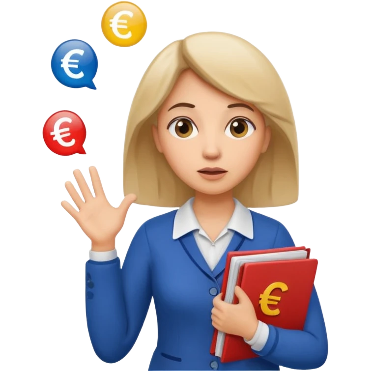 A confused female kindergardenteacher shrugging shoulders with euro symbols and documents floating around. emoji