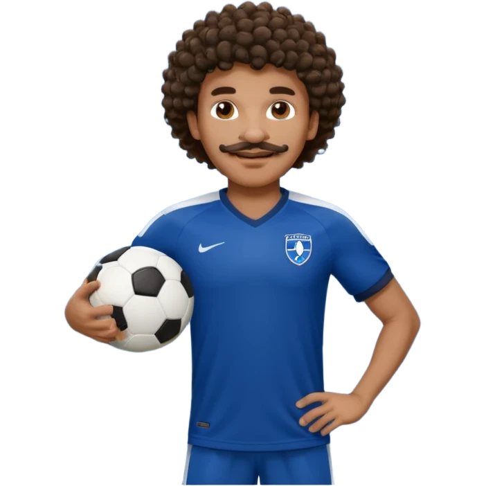 curly hair black man soccer player dark blue jersey with mustache holding soccer ball emoji