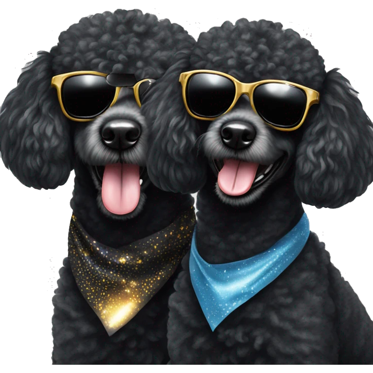 Two BLACK poodles wearing sparkling sunglasses with a big smile. Also with a bandanna around its neck. Both Dogs needs to be all black emoji