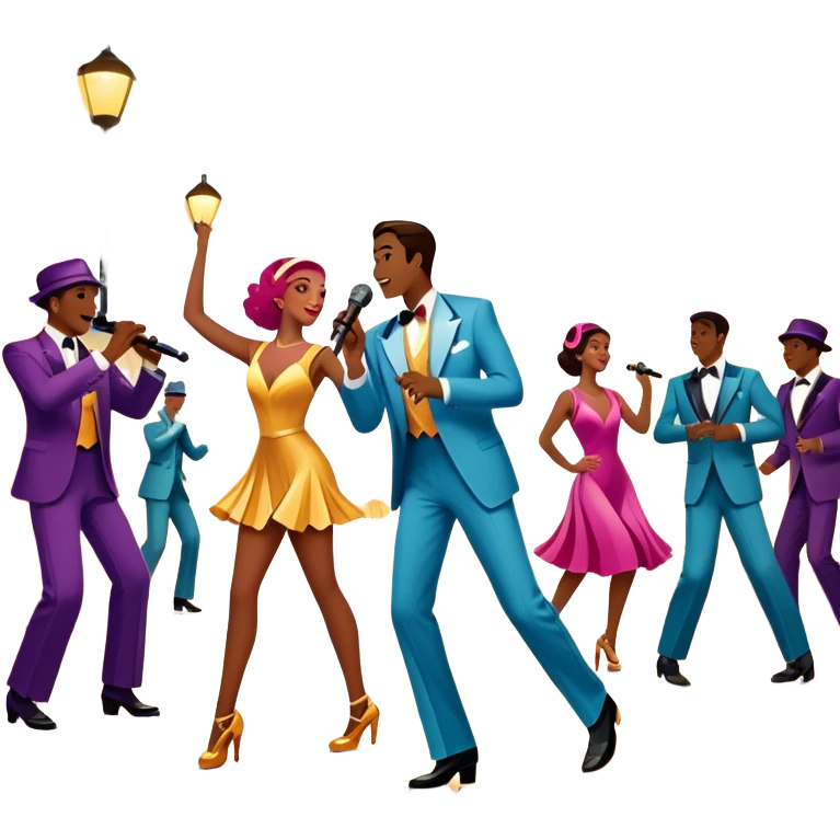 Vintage movie poster-style icon for a musical film. The cityscape glows in the background, evoking the golden era of musicals. A vibrant street scene with bright lights, dancers mid-step, a singer with a microphone, and a jazz band playing. Transparent background. emoji