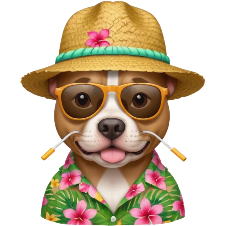 pitbull with sunglasses and straw hat, hawaii shirt emoji
