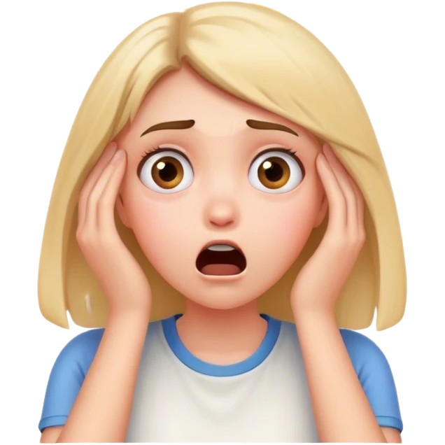 Shocked girl face and hands on face, big text saying "HELP" emoji