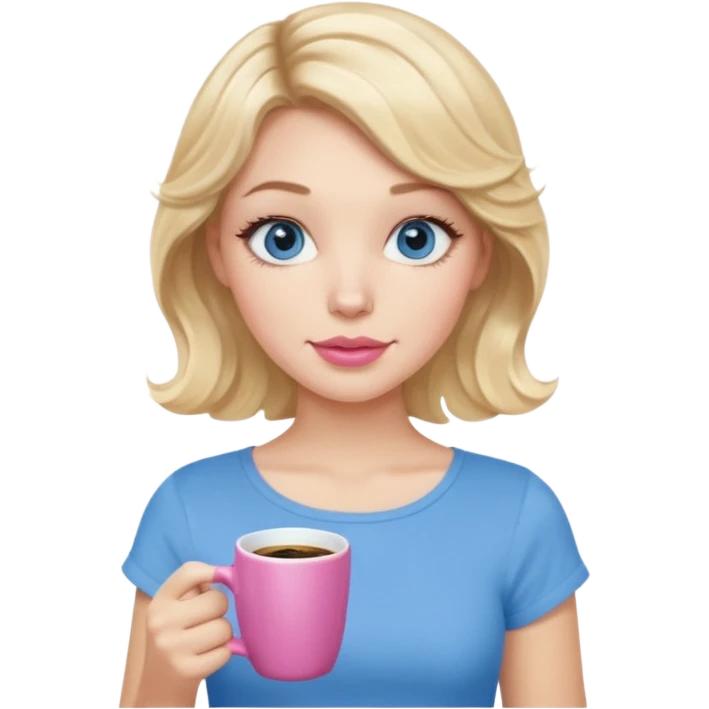 Girl Blonde short wavy hair,  blue eyes, cute blue top, long lashes, pink lips, holding coffee  emoji