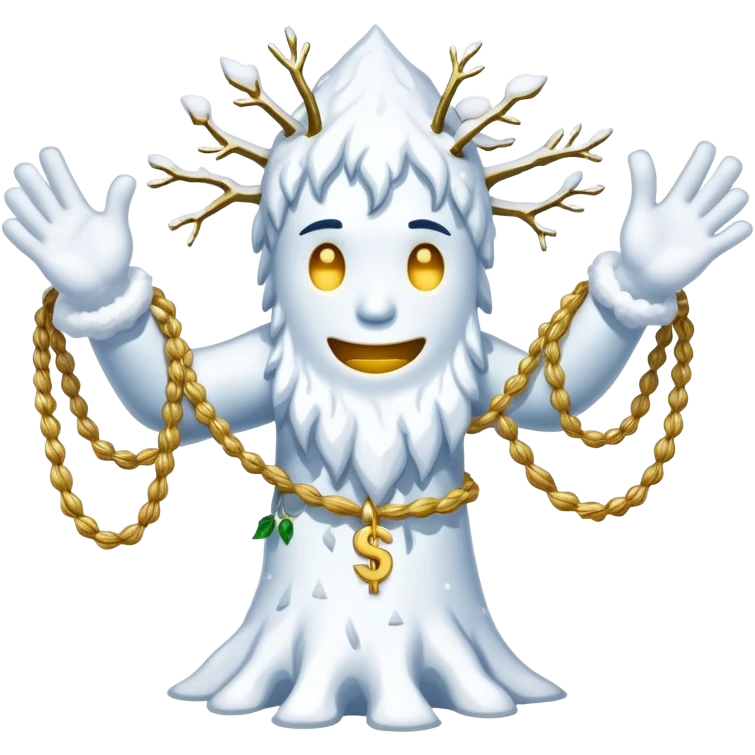 Snow elemental shaped more like a human—think tall, jointed limbs, maybe even facial expressions made of snow flaunting money wearing gold rope chain emoji