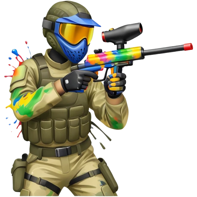 A paintball player in full gear, aiming a paintball gun with focus and determination. The scene includes vibrant splashes of paint and a dynamic battlefield setting, emphasizing action, strategy, and teamwork in a competitive environment emoji