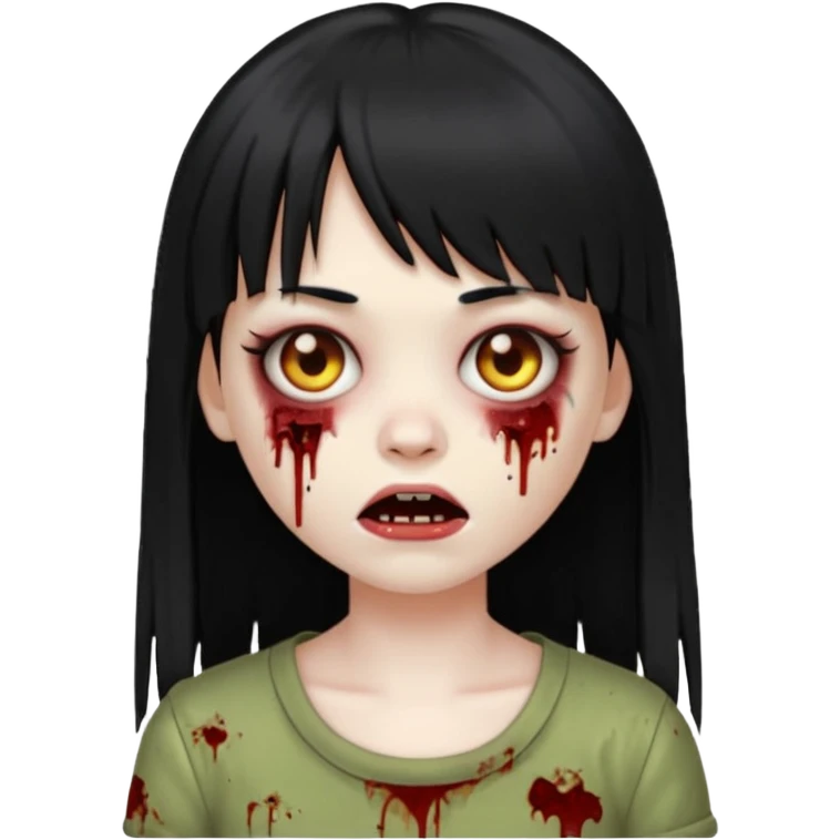 Emoji de uma garota zumbi com os cabelos longos, lisos e pretos. Ela usa uma franja curta. emoji