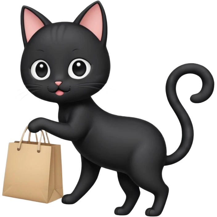 A cute chibi-style black cat emoji in side view like 🏃, running on two legs while holding a shopping bag. Short limbs, small body proportions (SD character style), round head, big expressive eyes, minimalist emoji design, soft colors, vector look. emoji