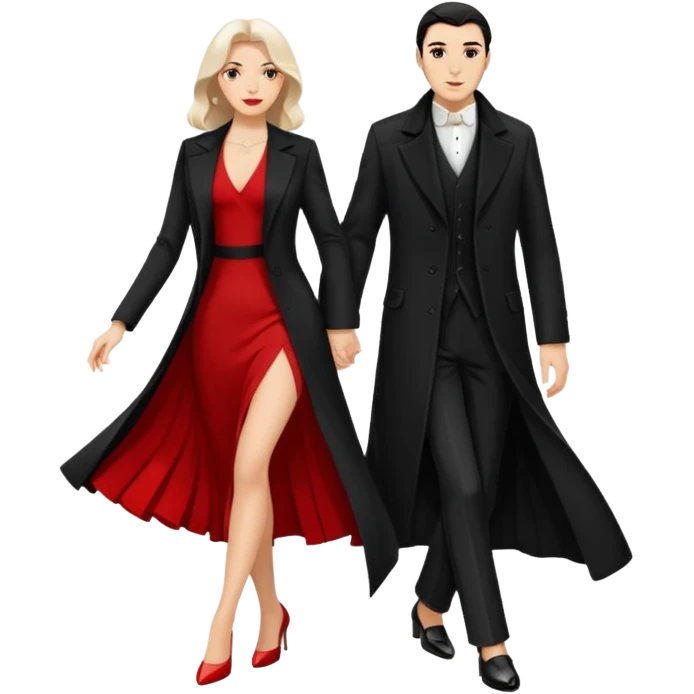 Ultra detailed realistic tango couple icon, black background, dramatic lighting, long black coat on man, white shirt and white shoes, red dress and white heels on woman, centered, minimal background, high contrast, 4K resolution, profile picture ready, sharp clean edges emoji