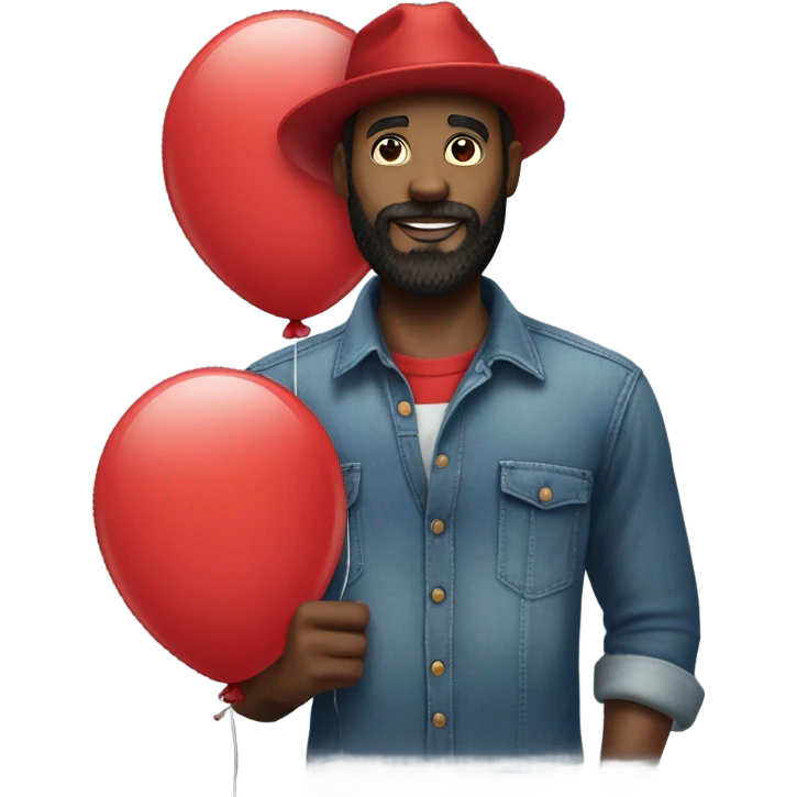black bearded man with denim shirt red hat and red balloon in hand emoji