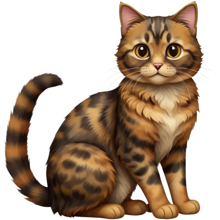 cinematic-[tortoiseshell tabby cat]-realistic-full-body-sitting-emoji,-tail-curled-playfully-around-its-paws,-head-tilted-dramatically,-scruffy-[dark faced tortoiseshell coloured]-fur,-simplified-yet-realistic-focused-features,-highly-detailed,-glowing-with-an-almost-sarcastic-glow emoji