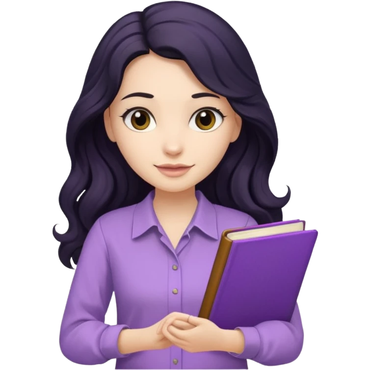 Long Hair Women with Black wavy hair, with purple Book, beige shir, without background emoji